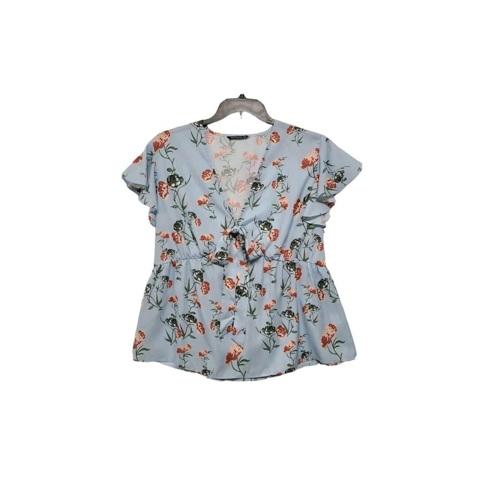 BloomChic V Neck Flutter Sleeve Peplum Top Blue Floral Print Plus Size 16